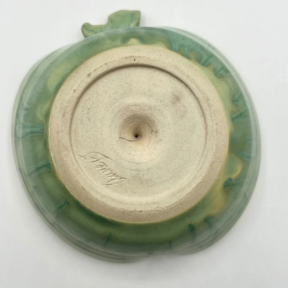 Apple Shaped Pottery Ring‎ Holder Dish Green Decorative Handmade Ceramic